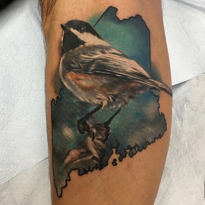 Realistic color calf tattoo of a chickadee bird by tattoo artist Russ Howie of Sacred Mandala Studio in Durham, NC.